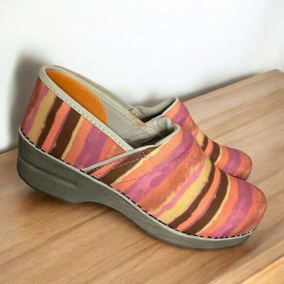 Dansko Clogs Womens 10 Canvas Pink Orange Brown Tan Striped Sunset Slip On EU-40 - Picture 2 of 12